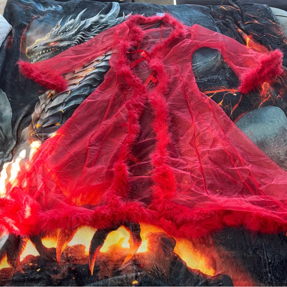 Red Sheer Feather Trim Robe